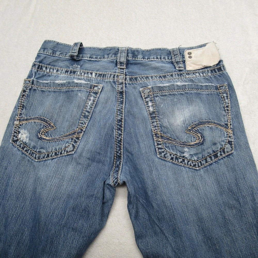 Silver Jeans Mens 33x31 Blue Straight Western Grayson Whiskering‎ Fade Thrashed - Picture 10 of 15